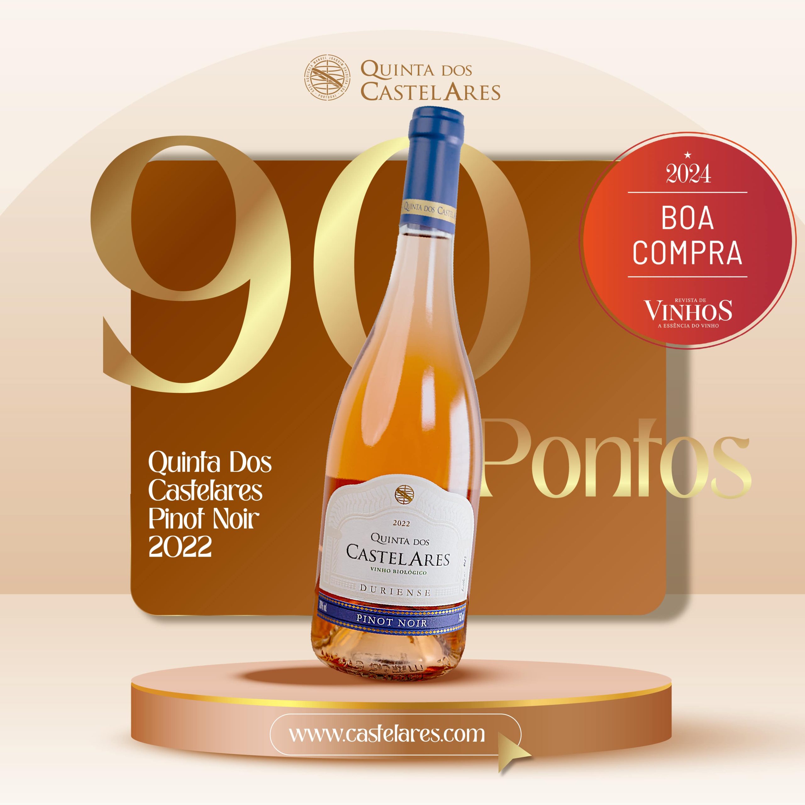 Quinta dos Castelares Pinot Noir Biológico 2022 distinguido com 90 pontos na edição de Maio da Revista de Vinhos da Essência do Vinho.